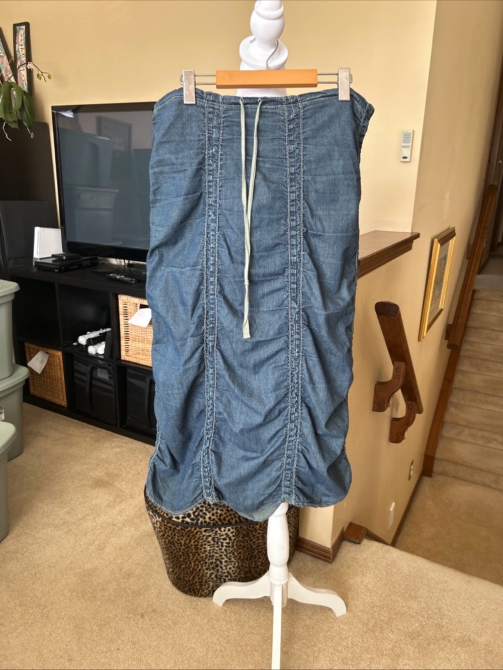XCVI Vintage Ruched Denim Midi Skirt in Blue with Drawstring